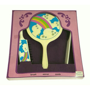 Vintage ARC New York Hair Comb Brush Mirror Set 1980 Rainbow Stars Sealed